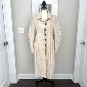 Creenstone Cream Long Trench Coat Crinkle Texture Button Front Size 42